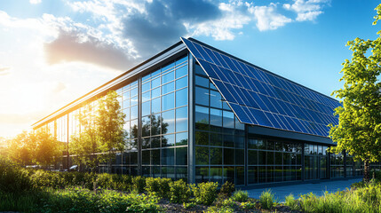 A high-tech office building with solar panels and eco-friendly features.
