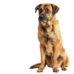 Fototapeta premium Lovely brown mongrel dog sitting patiently on a white background, looking off to the side with a calm and gentle expression