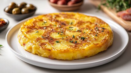 A golden Spanish tortilla, fresh ingredients, and tapas create a warm, inviting kitchen scene.