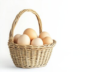 A rustic woven basket filled with fresh brown and white eggs, perfect for culinary or farm-themed projects.. Beautiful simple AI generated image