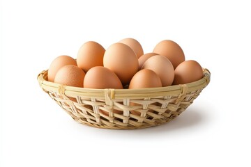 A rustic woven basket filled with fresh brown and white eggs, perfect for culinary or farm-themed projects.. Beautiful simple AI generated image