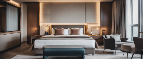 The luxurious hotel room showcased a modern interior design with a spacious layout and comfortable f