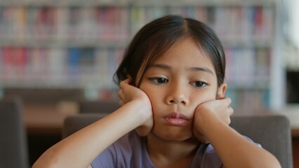 An Asian girl sits at a table in a library. She looks bored and lost in thought. Her disinterested...
