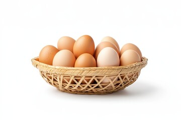 A wicker basket filled with brown and white eggs. Isolated on a white background. Perfect for Easter, cooking, or farm-related themes.. Beautiful simple AI generated image