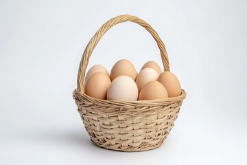 A wicker basket filled with brown and white eggs. Isolated on a white background. Perfect for Easter, cooking, or farm-related themes.. Beautiful simple AI generated image