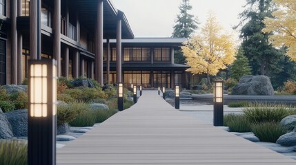 Obraz premium A serene garden path guides visitors to a traditional Japanese house at night, softly lit by white LED lamps, surrounded by roped rocks and lush plants.