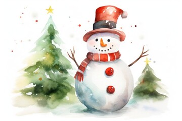 Fototapeta premium snowman decoration with a Santa hat and red scarf, standing near a petite Christmas tree embellished with ornaments, under a warm, pastel watercolor hue and delicate brush strokes