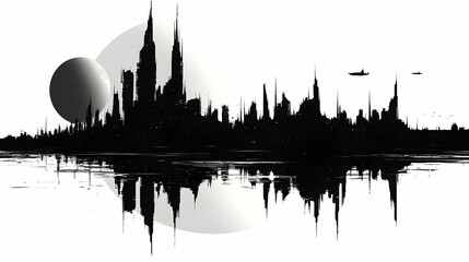 Naklejka premium A futuristic city skyline with a large planet in the background, reflected in the water.