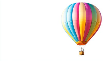 A vibrant hot air balloon soaring against a clear sky, showcasing colorful stripes. Ideal for travel and adventure themes.