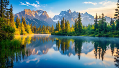 Fototapeta premium Nature Bliss: A serene mountain landscape with a lake reflecting the snowy peaks at sunrise