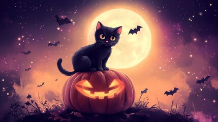 Fototapeta premium Cartoon black cat on carved pumpkin with full moon and bats in playful halloween night sky