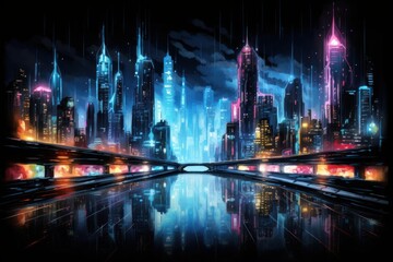 Obraz premium Craft a futuristic cityscape at night, with neon lights reflecting on rain-soaked streets