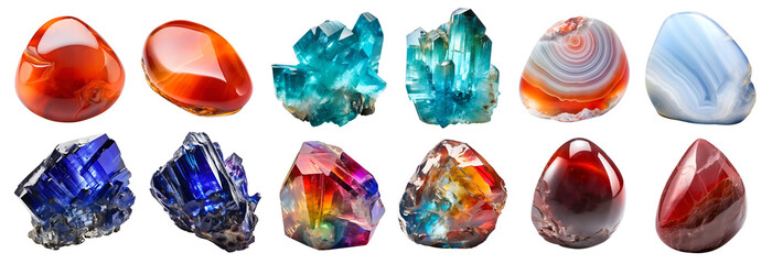 Set of gemstone mineral rocks crystal semi-precious stones, on transparent PNG. Carnelian, Chalcedony, Blood Stone, Covellite, apatite, artisanal. Many different style. Mockup template for design