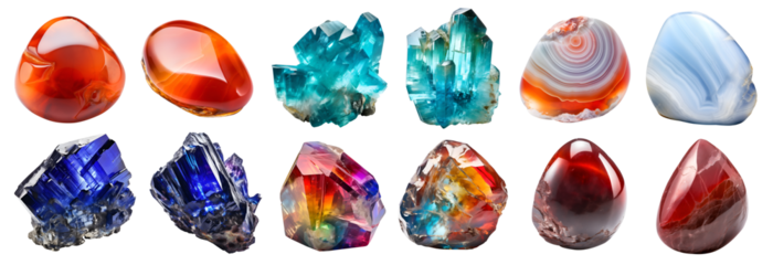 Set of gemstone mineral rocks crystal semi-precious stones, on transparent PNG. Carnelian, Chalcedony, Blood Stone, Covellite, apatite, artisanal. Many different style. Mockup template for design