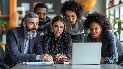 Obraz premium Diverse Business Team Collaborating Over Laptop in Office