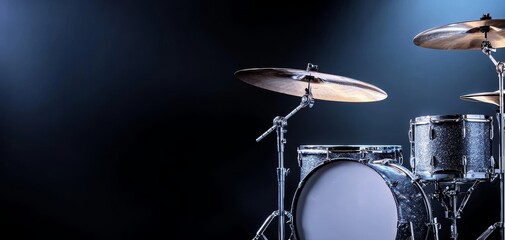 Drum set illuminated by subtle stage lighting, moody concert hall background, crisp focus on cymbals and snare drum, warm light reflecting on metal surfaces