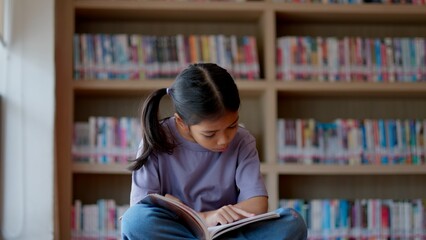 An Asian girl is reading a book in a library, looking serious as she focuses on the contents.