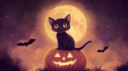 Fototapeta premium Cartoon black cat on carved pumpkin with full moon and bats in playful halloween night sky