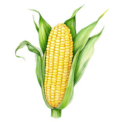 Fresh corn on the cob with green husks and leaves, isolated