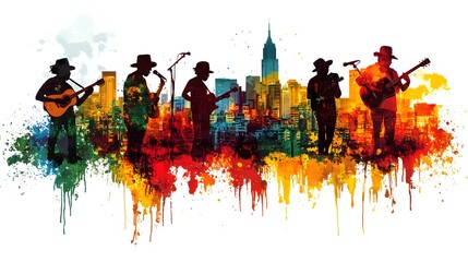 Design a community shirt that showcases a collage of local musicians and performers, capturing the diversity and unity within the arts scene, focus on, neighborhood festival theme, vibrant, Composite
