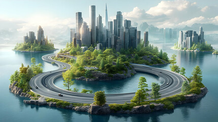 Obraz premium A futuristic city with winding roads, lush vegetation, and skyscrapers on a cluster of islands in a tranquil blue lake.