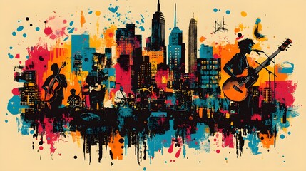 Obraz premium Design a community shirt that showcases a collage of local musicians and performers, capturing the diversity and unity within the arts scene, focus on, neighborhood festival theme, vibrant, Composite