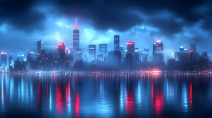 Naklejka premium A futuristic cityscape at night with tall skyscrapers and glowing lights reflected in the water.