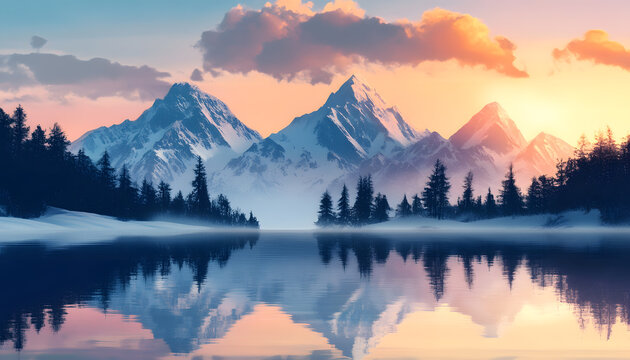 Nature Bliss: A serene mountain landscape with a lake reflecting the snowy peaks at sunrise