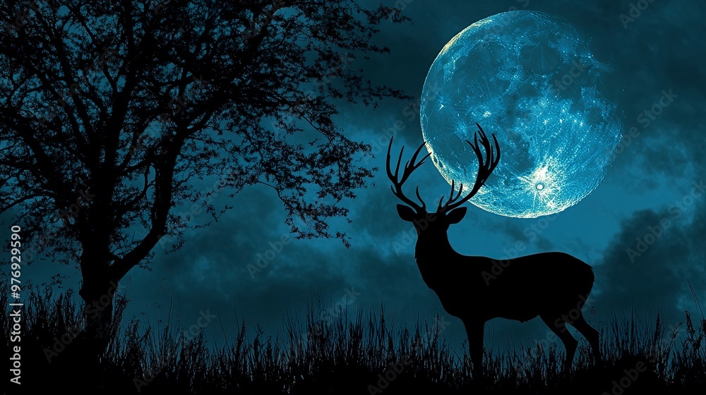 Sticker Silhouetted Deer Under a Blue Moon 