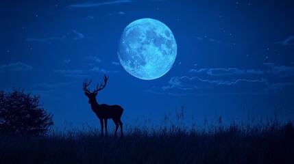 Silhouetted Deer Under a Blue Moon
