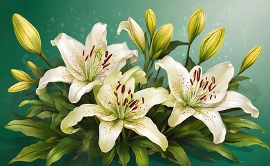 Beautiful lily flowers on a green background. Vector illustration, Beautiful botanic lily flower oil paint illustration