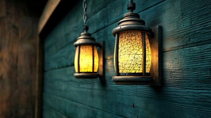 Two rustic lanterns emitting a warm glow, mounted on a textured wooden wall, creating a cozy and inviting atmosphere.
