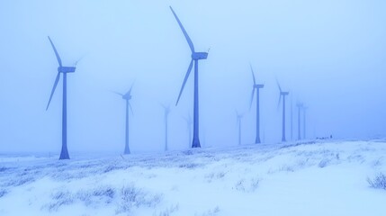 Amidst the pristine snow-covered tundra, wind turbines emerge like frozen sentinels, their white blades turning softly in the quiet winter. The scene feels ethereal and calm