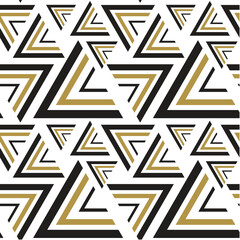 A geometric pattern featuring interlocking triangles in black and gold tones, suitable for backgrounds or textile designs.