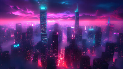 Obraz premium A futuristic cityscape with glowing skyscrapers and a pink and blue sky.