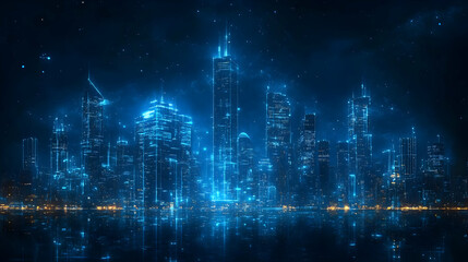 Obraz premium A futuristic cityscape with glowing skyscrapers and a starry sky.