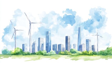 Wind turbines, integrated into modern skyscrapers, urban energy harmony, city skyline, Watercolor style