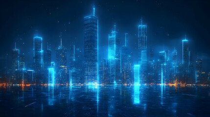 A futuristic cityscape with glowing skyscrapers, reflecting in the water below.