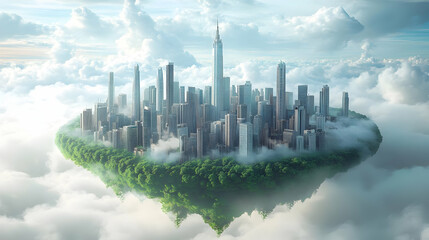 A futuristic cityscape with green trees floats on the clouds.