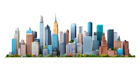 Colorful city skyline illustration with modern buildings and green spaces