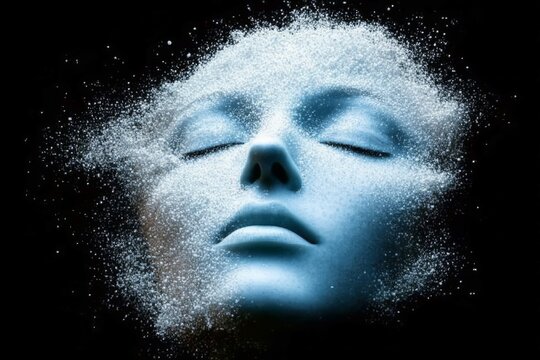 A face dissolving into pixels symbolizing the blending of reality and digital identity.