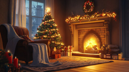 A warm Christmas living room featuring a decorated tree, glowing fireplace, wrapped presents, and a comfortable armchair with a blanket.