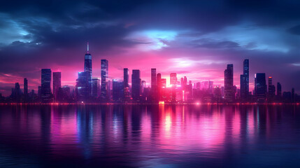 Obraz premium A futuristic cityscape with vibrant neon lights reflected in the water, creating a stunning contrast against the dark sky.