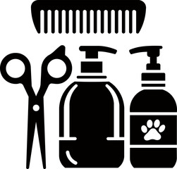Minimalist illustration of objects for pet bathing and grooming. Art for veterinary clinic or pet shop