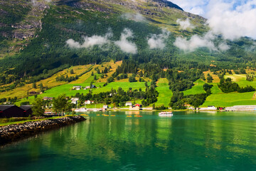 Obraz premium Norway, Olden village and fjord landscape