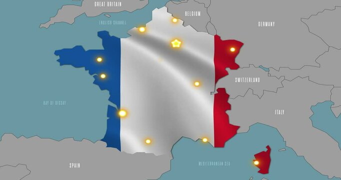 Map of France in the colors of national flag. The capital and major cities are marked.
