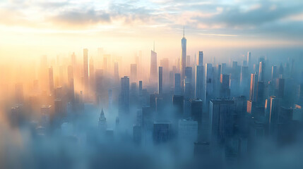 Fototapeta premium A hazy sunrise over a dense cityscape with skyscrapers casting long shadows.