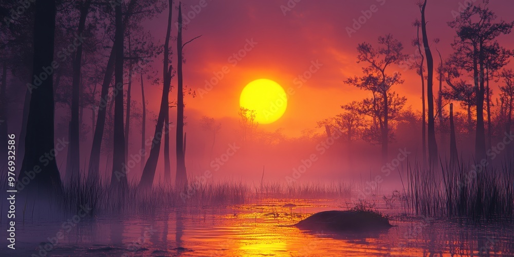 Sticker sunrise over a misty swamp