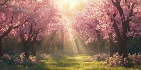 Fototapeta premium sunlit grove of blooming cherry trees 