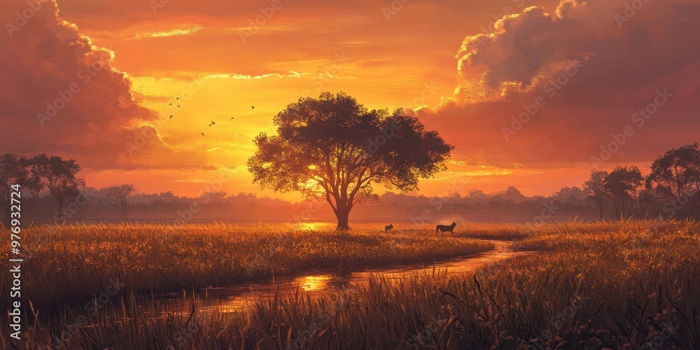 Wall mural sunset over a peaceful savannah